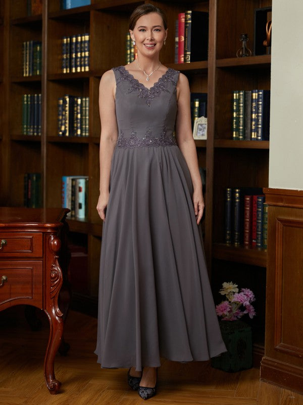 A-Line/Princess Chiffon Applique V-neck Sleeveless Ankle-Length Mother of the Bride Dresses