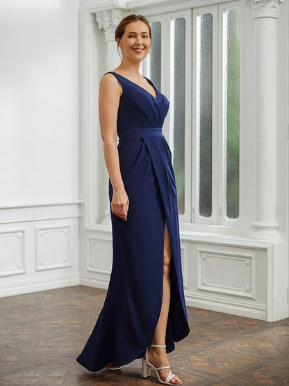 Sheath/Column Stretch Crepe Ruched V-neck Sleeveless Floor-Length Mother of the Bride Dresses