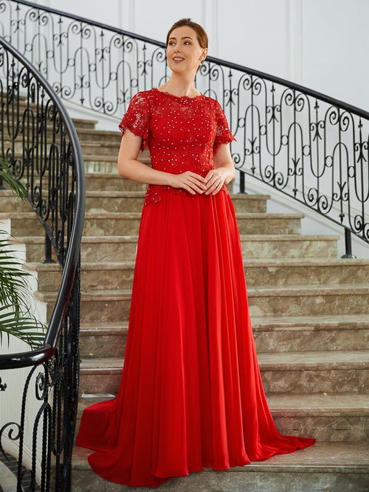 A-Line/Princess Chiffon Applique Scoop Short Sleeves Sweep/Brush Train Mother of the Bride Dresse