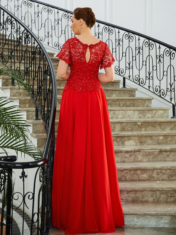 A-Line/Princess Chiffon Applique Scoop Short Sleeves Sweep/Brush Train Mother of the Bride Dresse