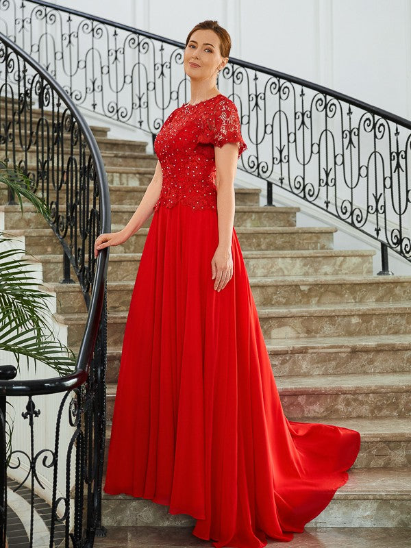 A-Line/Princess Chiffon Applique Scoop Short Sleeves Sweep/Brush Train Mother of the Bride Dresse