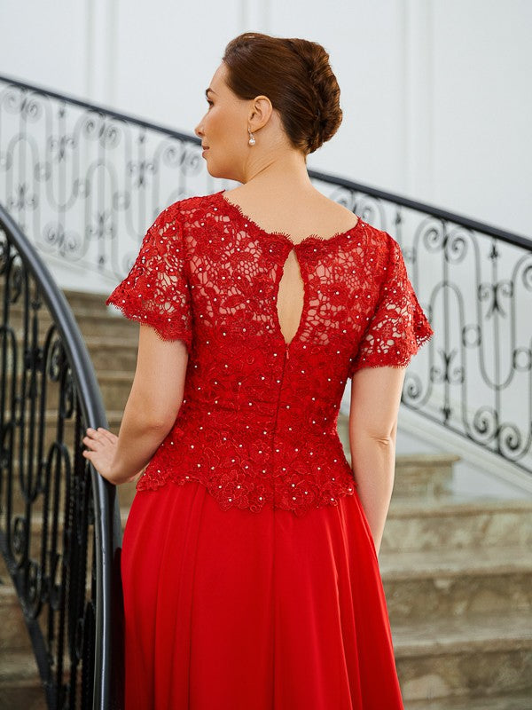 A-Line/Princess Chiffon Applique Scoop Short Sleeves Sweep/Brush Train Mother of the Bride Dresse