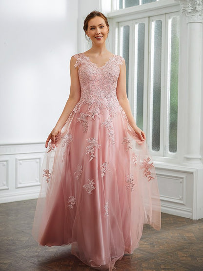 A-Line/Princess Tulle Applique V-neck Sleeveless Floor-Length Party Dresses Wedding Guest Dresses