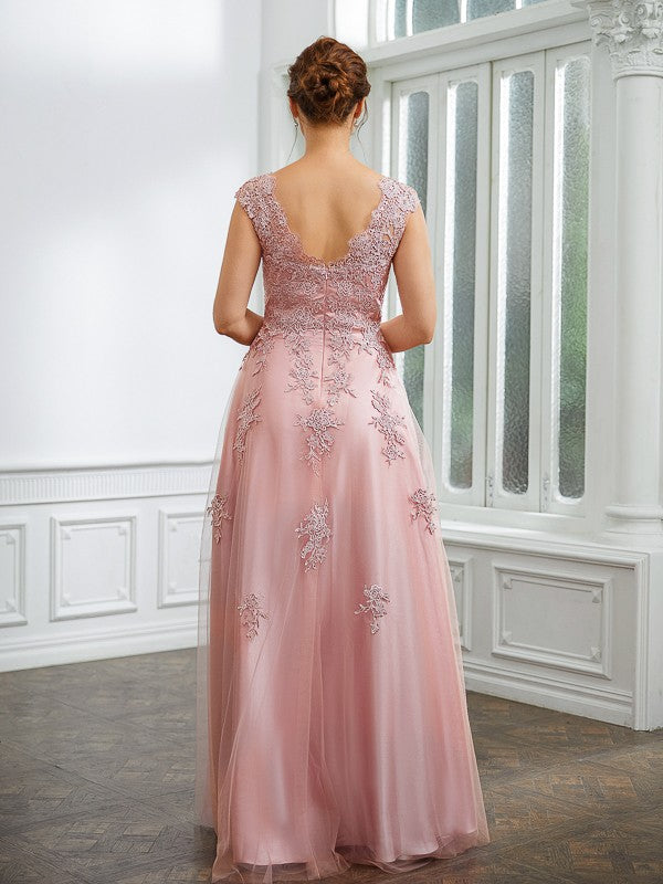 A-Line/Princess Tulle Applique V-neck Sleeveless Floor-Length Party Dresses Wedding Guest Dresses