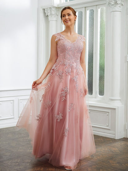 A-Line/Princess Tulle Applique V-neck Sleeveless Floor-Length Party Dresses Wedding Guest Dresses