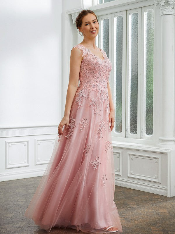 A-Line/Princess Tulle Applique V-neck Sleeveless Floor-Length Party Dresses Wedding Guest Dresses