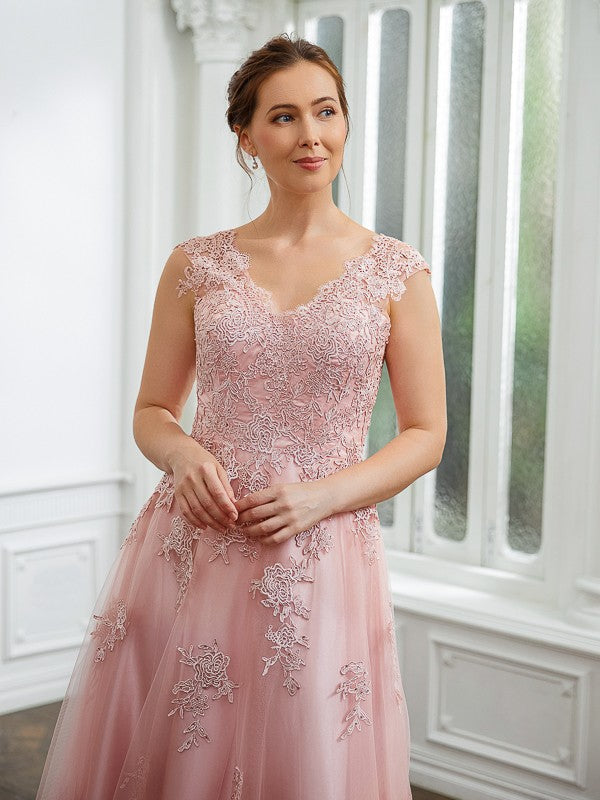 A-Line/Princess Tulle Applique V-neck Sleeveless Floor-Length Party Dresses Wedding Guest Dresses