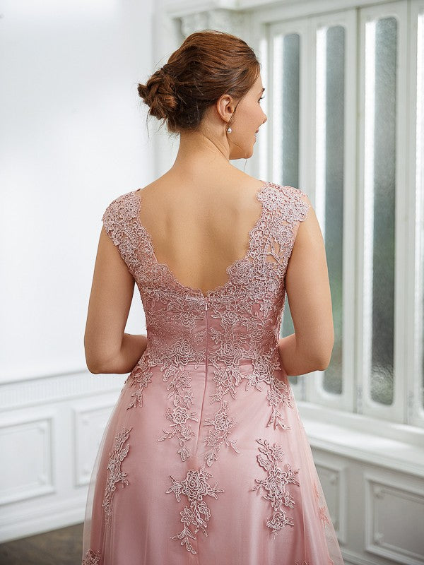 A-Line/Princess Tulle Applique V-neck Sleeveless Floor-Length Party Dresses Wedding Guest Dresses