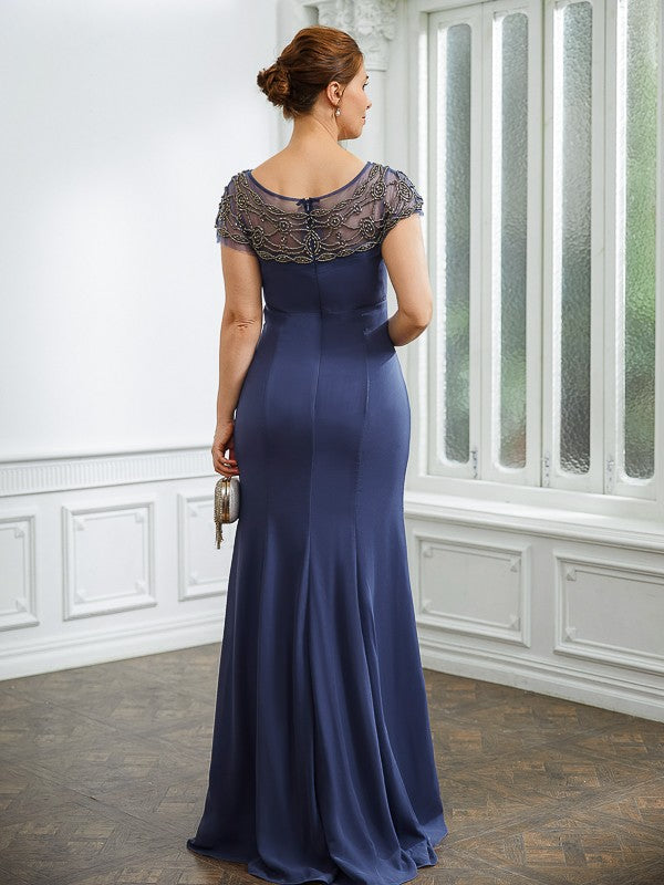 Sheath/Column Chiffon Beading Bateau Short Sleeves Floor-Length Mother of the Bride Dresses