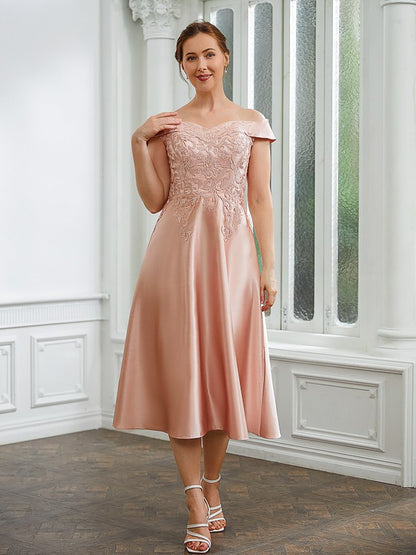 A-Line/Princess Satin Applique Off-the-Shoulder Sleeveless Tea-Length Party Dresses Wedding Guest Dresses