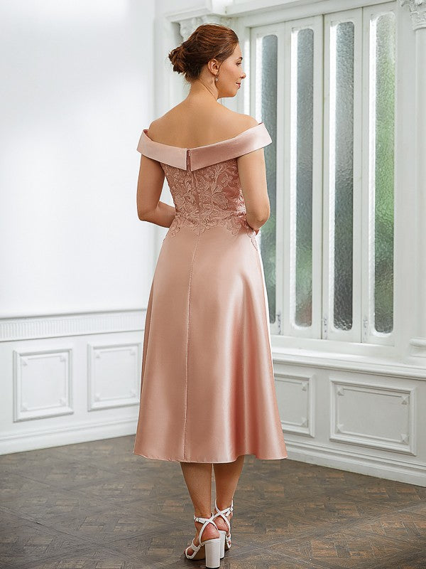 A-Line/Princess Satin Applique Off-the-Shoulder Sleeveless Tea-Length Party Dresses Wedding Guest Dresses