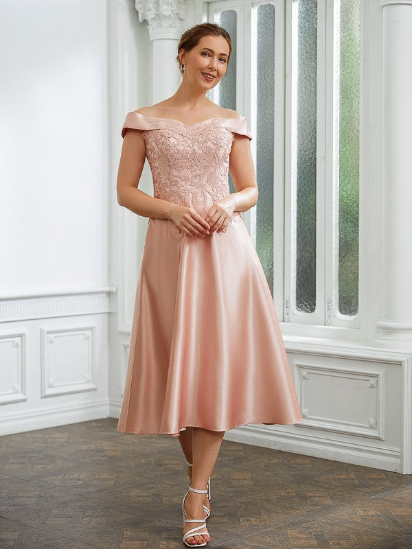 A-Line/Princess Satin Applique Off-the-Shoulder Sleeveless Tea-Length Party Dresses Wedding Guest Dresses