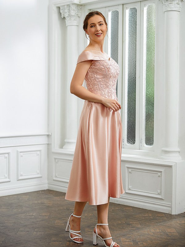 A-Line/Princess Satin Applique Off-the-Shoulder Sleeveless Tea-Length Party Dresses Wedding Guest Dresses