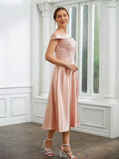 A-Line/Princess Satin Applique Off-the-Shoulder Sleeveless Tea-Length Party Dresses Wedding Guest Dresses