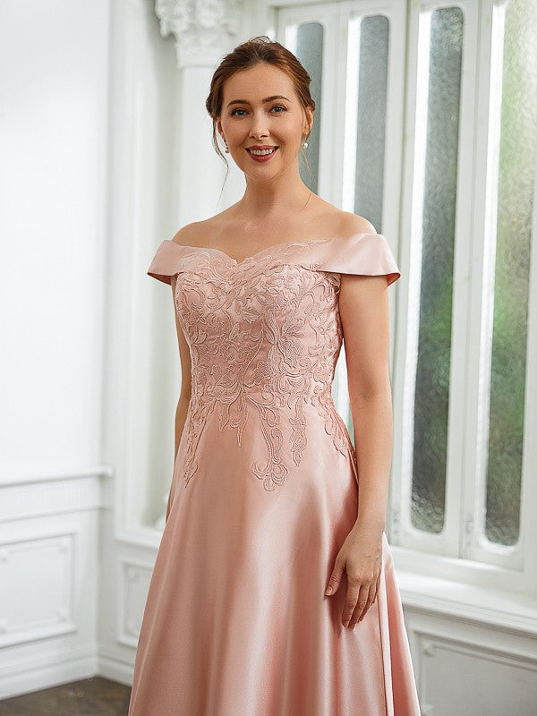 A-Line/Princess Satin Applique Off-the-Shoulder Sleeveless Tea-Length Party Dresses Wedding Guest Dresses