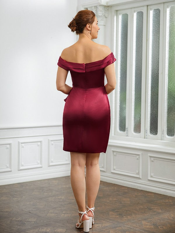 Sheath/Column Elastic Woven Satin Ruched Off-the-Shoulder Sleeveless Short/Mini Wedding Guest Dresses