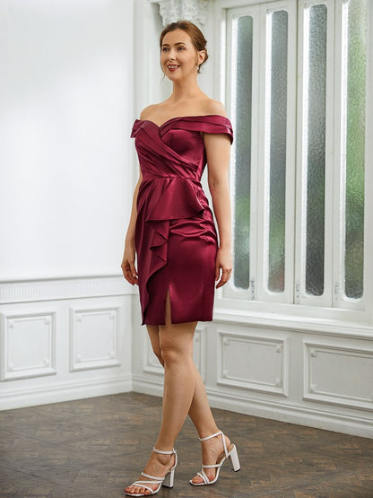 Sheath/Column Elastic Woven Satin Ruched Off-the-Shoulder Sleeveless Short/Mini Wedding Guest Dresses