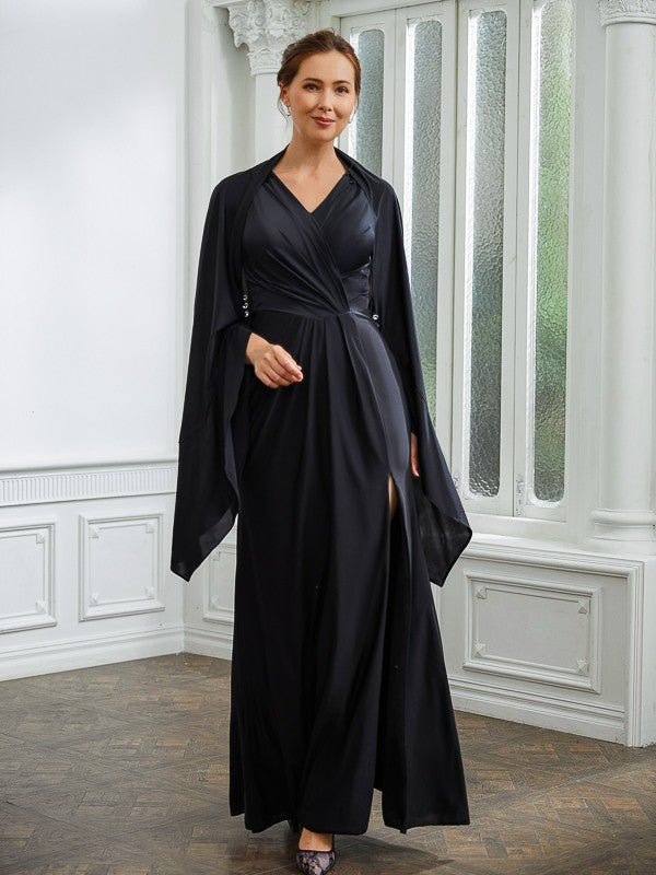 Sheath/Column Jersey Ruched V-neck Sleeveless Floor-Length Wedding Guest  Dresses