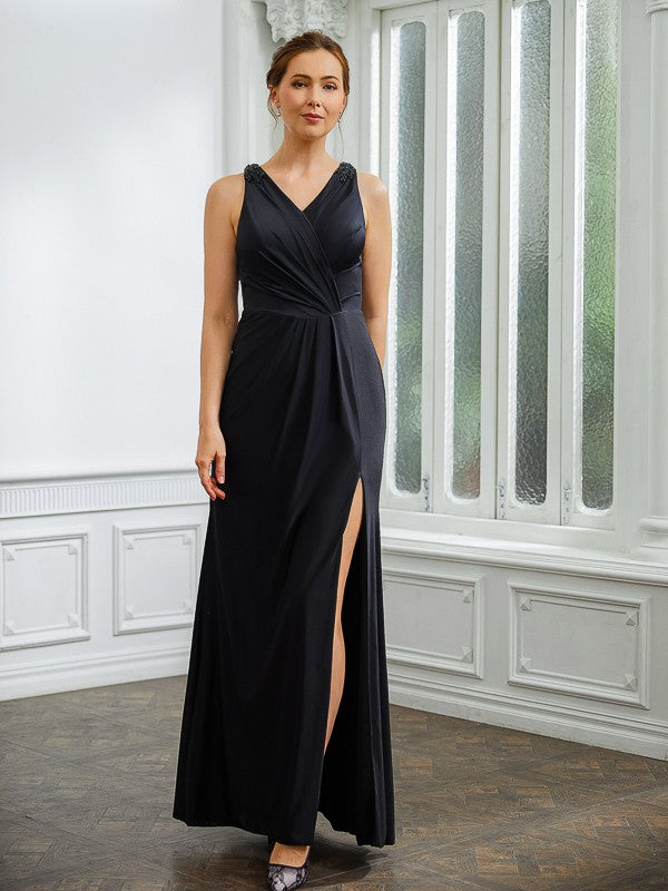 Sheath/Column Jersey Ruched V-neck Sleeveless Floor-Length Wedding Guest  Dresses