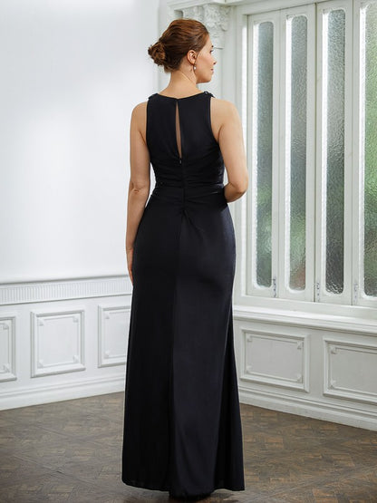 Sheath/Column Jersey Ruched V-neck Sleeveless Floor-Length Wedding Guest  Dresses