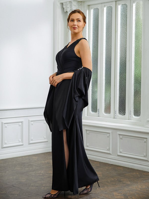 Sheath/Column Jersey Ruched V-neck Sleeveless Floor-Length Wedding Guest  Dresses