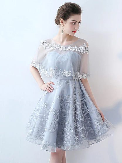 A-Line Minimalist Elegant Party Wear Cocktail Party Dress Jewel Neck Half Sleeve Short / Mini Tulle with Lace Insert Pattern / Print