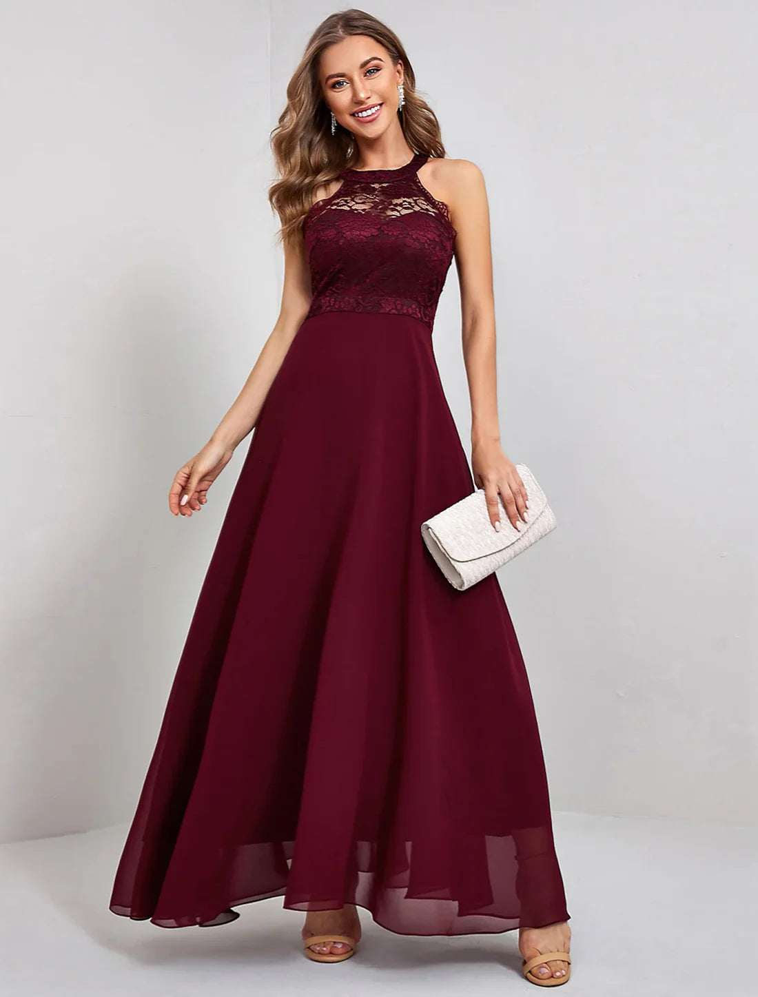 A-Line Halter-neck Elegant Vintage Party Wear Formal Evening Dress Jewel Neck Sleeveless Ankle Length Nylon with Lace Insert Pure Color Splicing