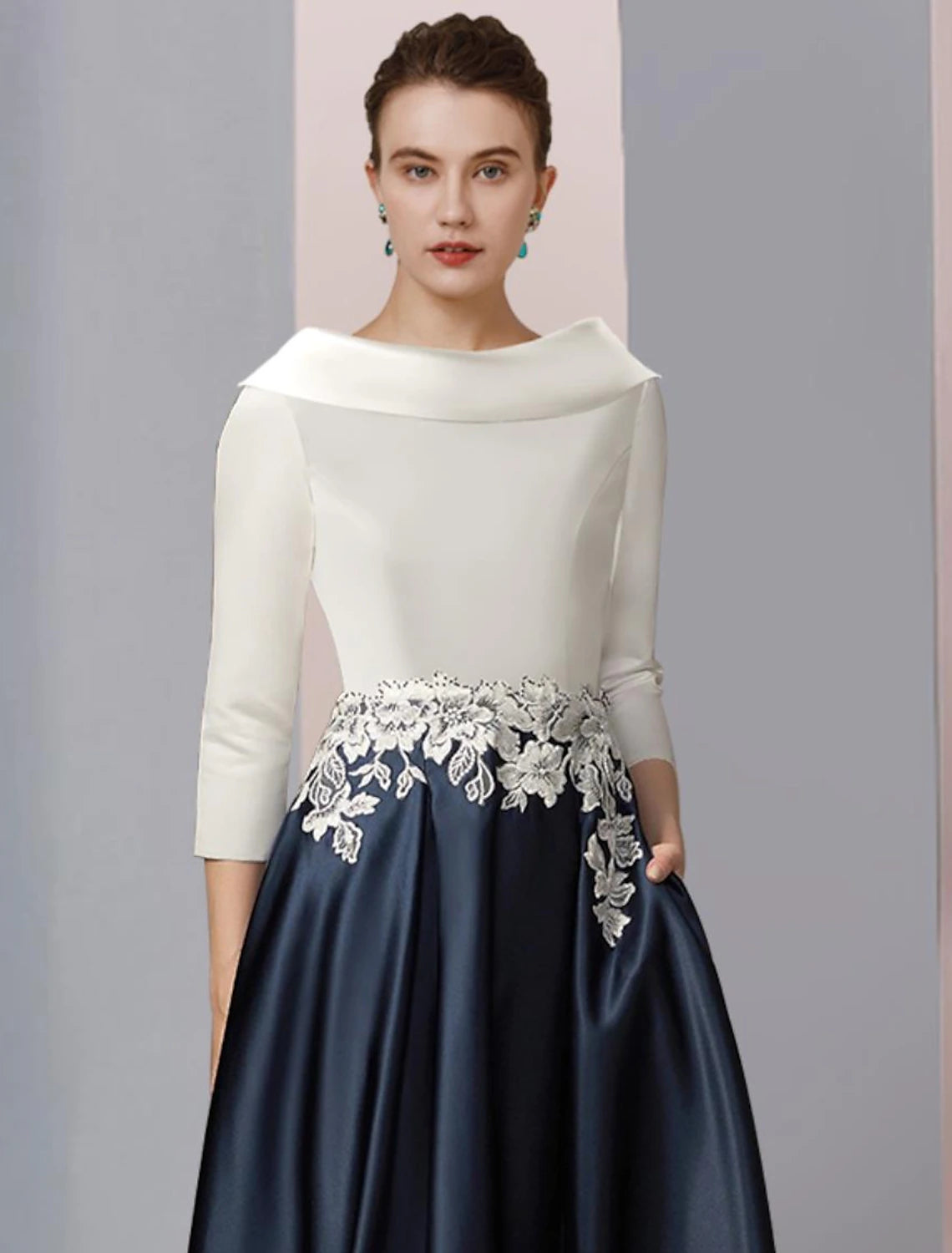 A-Line Mother of the Bride Dress Formal Wedding Guest Elegant Vintage Bateau Neck Tea Length Satin Lace Half Sleeve with Pleats Appliques Color Block