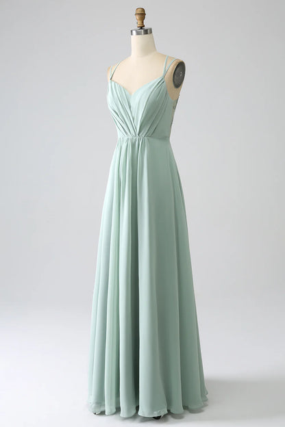 A-Line  V Neck Spaghetti Straps Backless Pleated Long Bridesmaid Dress