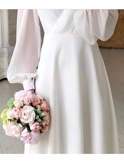 Reception Little White Dresses Wedding Dresses A-Line V Neck Long Sleeve Ankle Length Chiffon Bridal Gowns With Solid Color