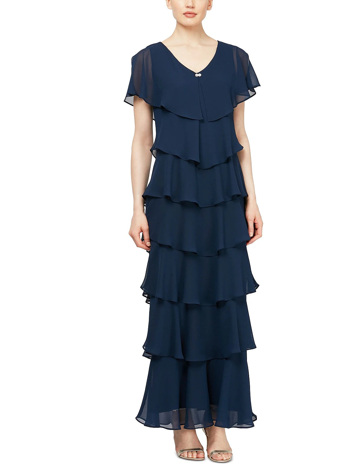 Plus Size Sheath / Column Tiered  Chiffon Short Sleeve V Neck Ankle Length  Mother of the Bride Dress