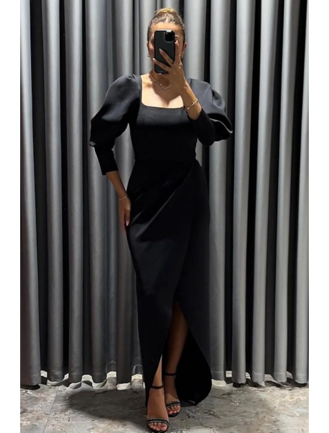 Black Dress Sheath / Column Evening Gown Elegant Dress Formal Fall Asymmetrical 3/4 Length Sleeve Square Neck Stretch Fabric with Ruched Slit