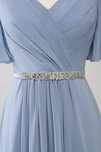 A-Line Chiffon Dusty Blue Long Bridesmaid Dress with Beading