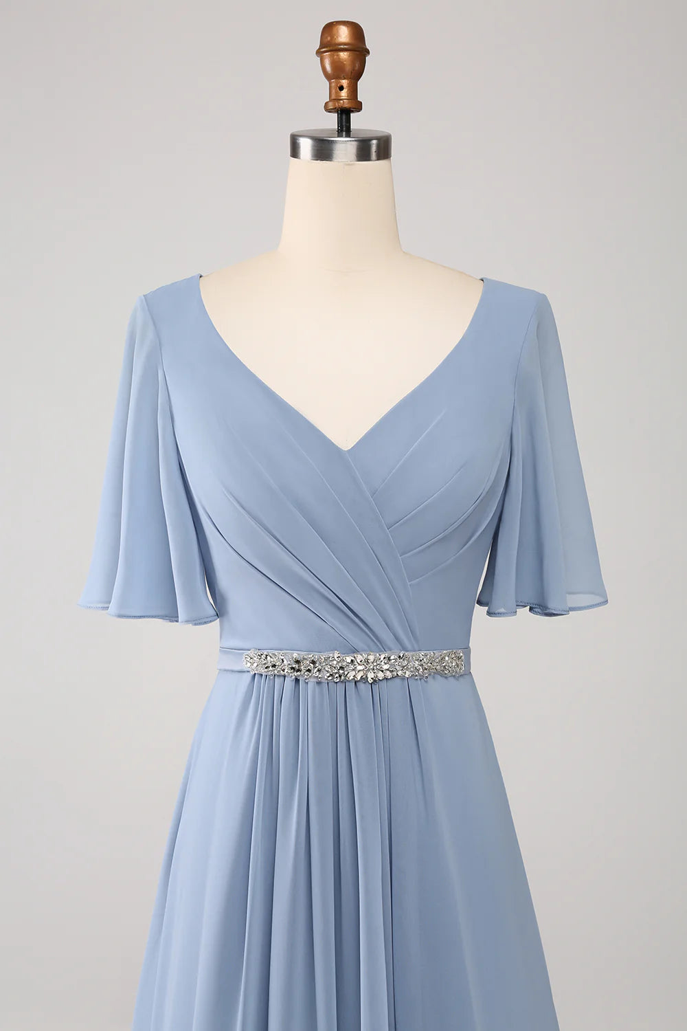 A-Line Chiffon Dusty Blue Long Bridesmaid Dress with Beading