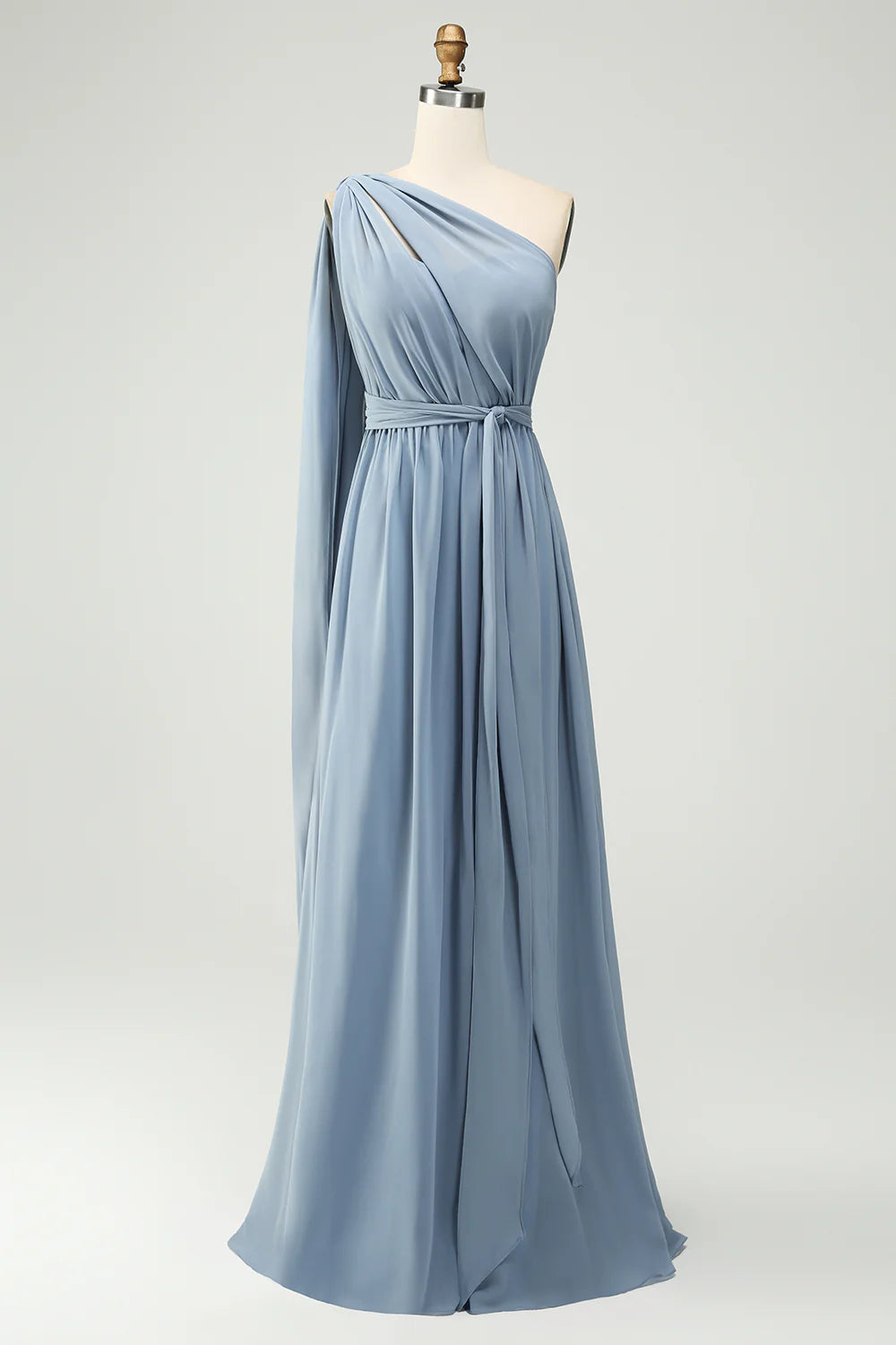 A Line Chiffon One Shoulder Dusty Blue Long Bridesmaid Dress