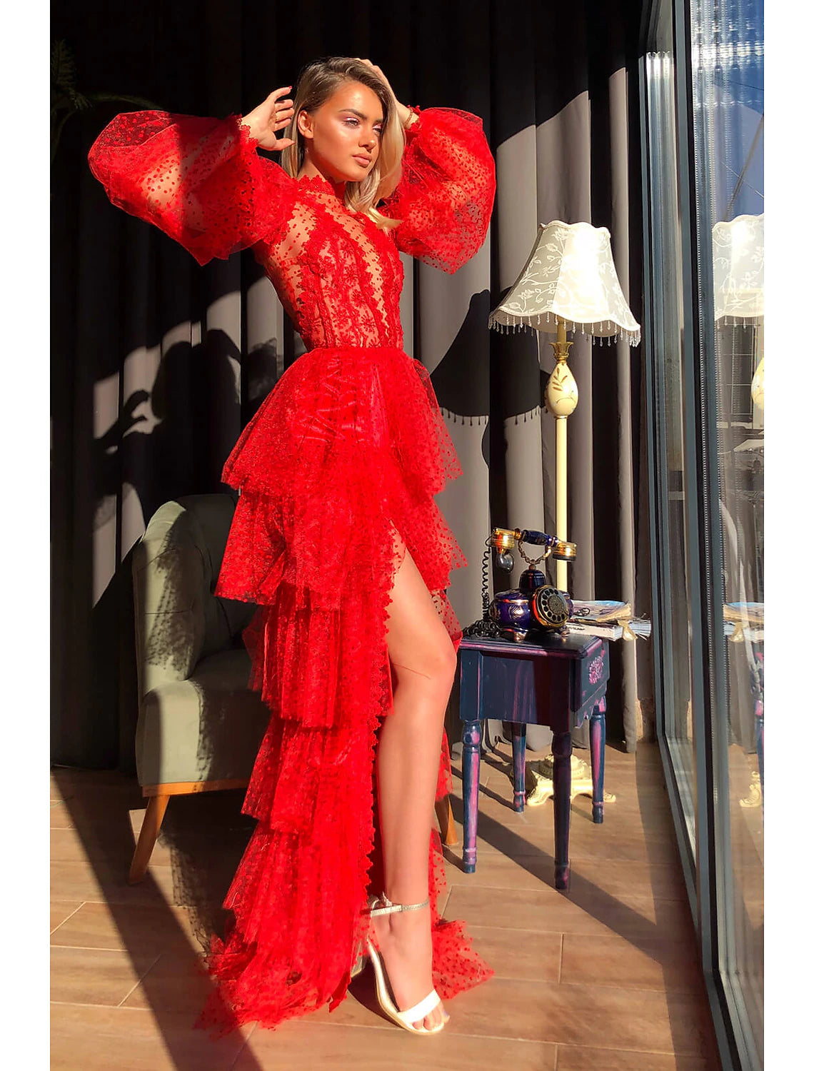 Sheath / Column Empire Sexy High Split Party Wear Prom Valentine's Day Dress High Neck Long Sleeve Floor Length Lace with Slit Tier / Puff Balloon Sleeve