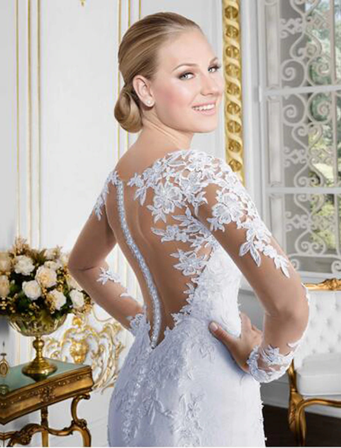 Open Back Sexy Formal Wedding Dresses Mermaid / Trumpet Illusion Neck Long Sleeve Chapel Train Lace Bridal Gowns With Lace Appliques
