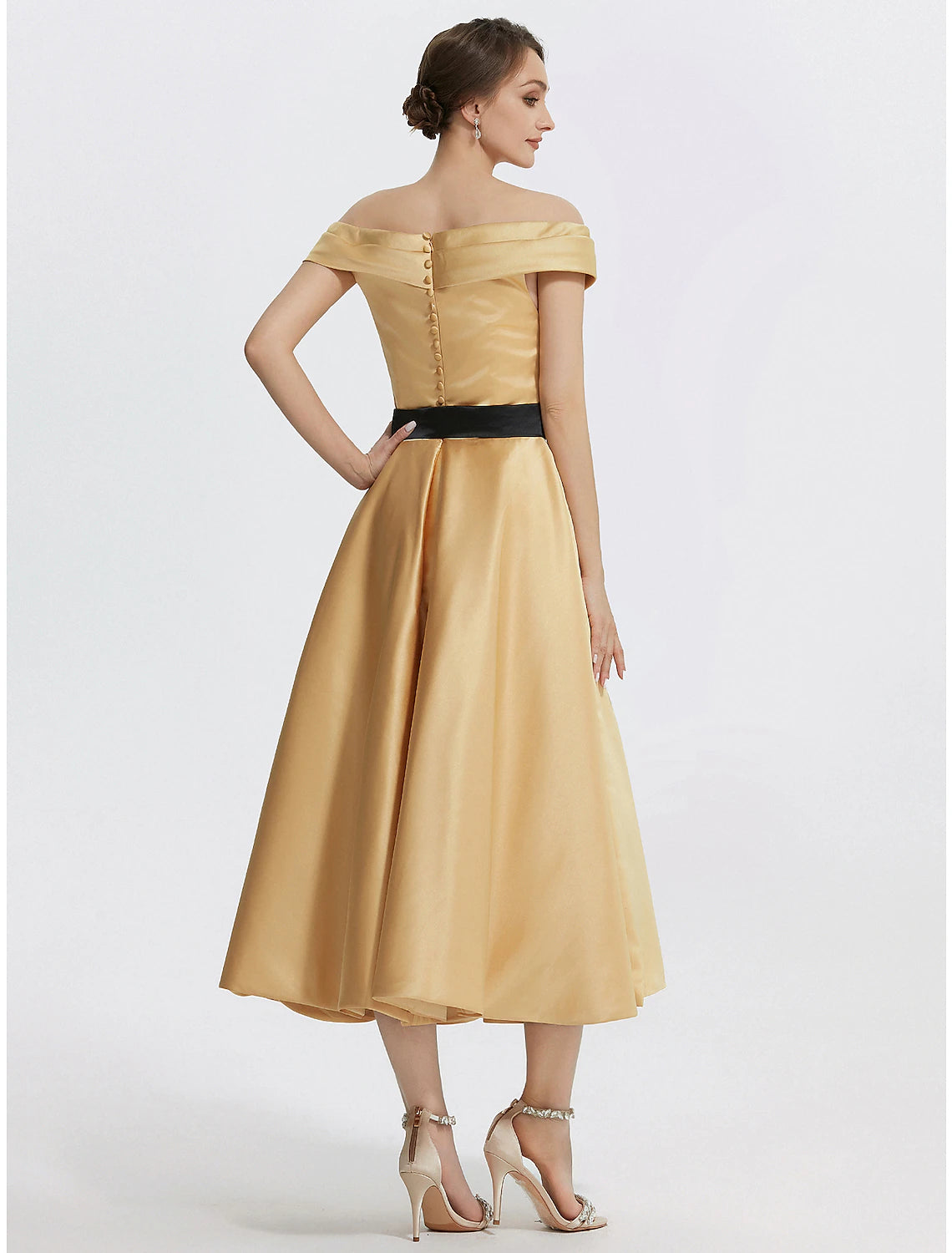 A-Line Cocktail Dresses Elegant Dress Formal Prom Tea Length Sleeveless Off Shoulder Satin with Appliques