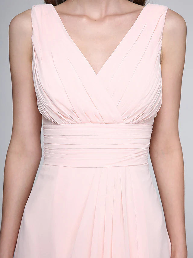 Sheath / Column Bridesmaid Dress V Neck Sleeveless Elegant Floor Length Chiffon with Criss Cross / Ruched