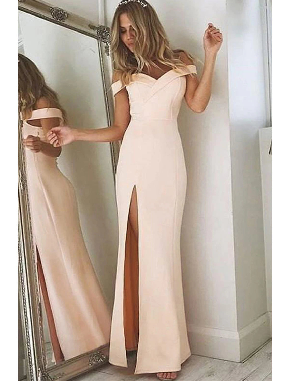 Sheath Trumpet Off The Shoulder Floor Length Formal Wedding Guest  Dress Long  Prom Dresses With Slit
