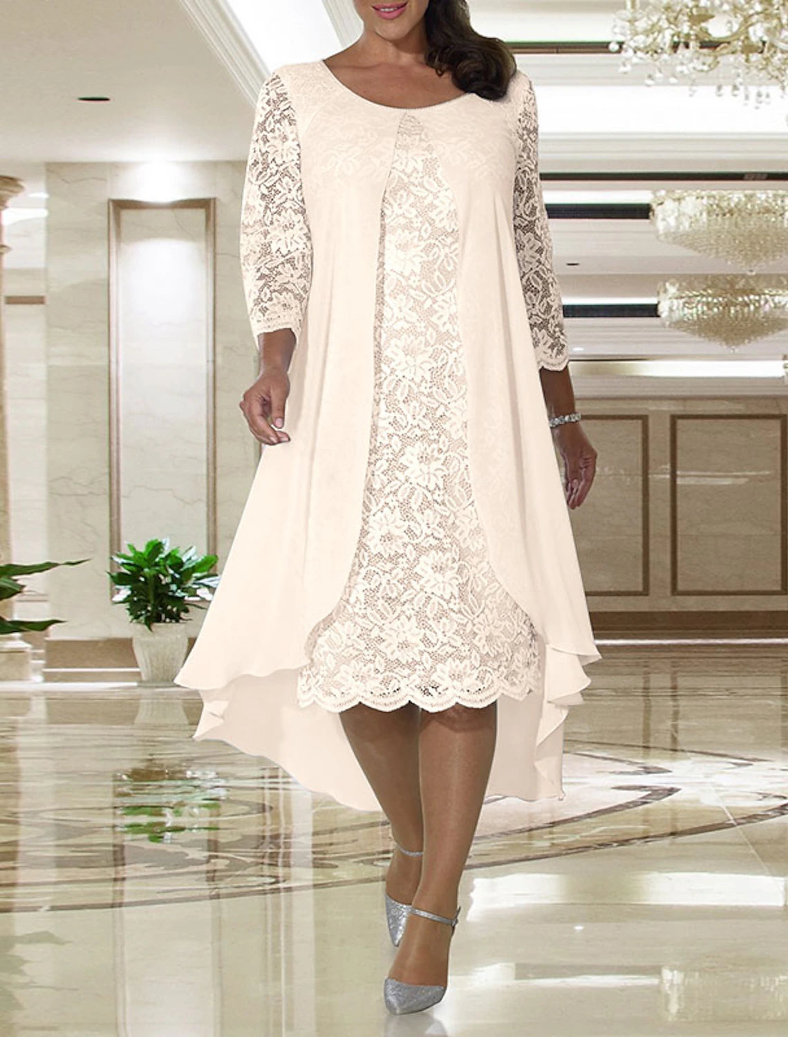 A-Line  Plus Size Jewel Neck Wedding Guest Dress Knee Length Chiffon Lace Long Sleeve Mother of the Bride Dress