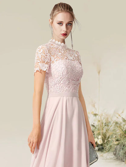 A-Line Evening Gown Empire Dress Engagement Floor Length Short Sleeve High Neck Chiffon with Pleats