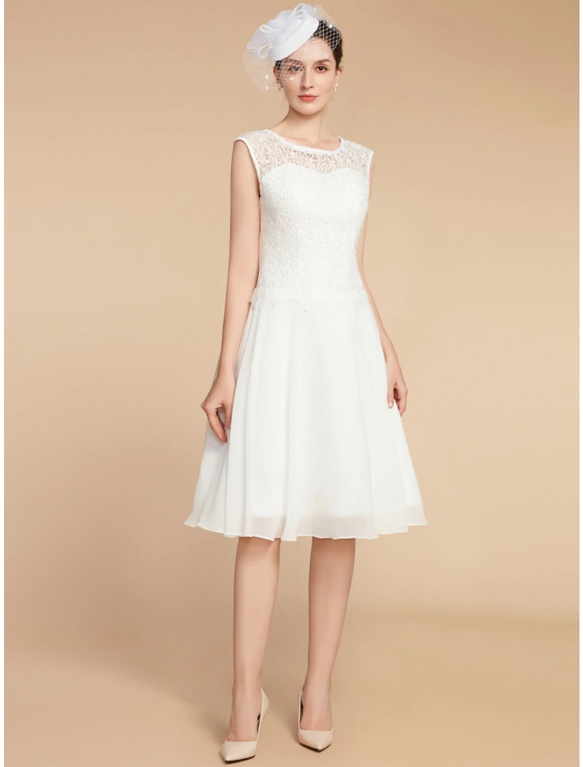 Two Piece A-Line Mother of the Bride Dress Wedding Guest Elegant Petite Jewel Neck Knee Length Chiffon Lace 3/4 Length Sleeve with Pleats Solid Colo