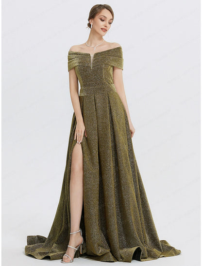 A-Line Evening Gown Elegant Dress Formal Sweep / Brush Train Sleeveless Sweetheart Charmeuse with Glitter Slit