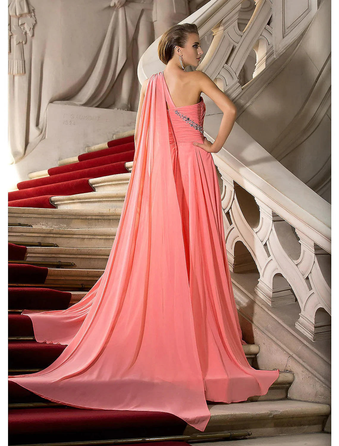 A-Line Elegant Dress Wedding Guest Court Train Sleeveless One Shoulder Chiffon with Crystals Draping