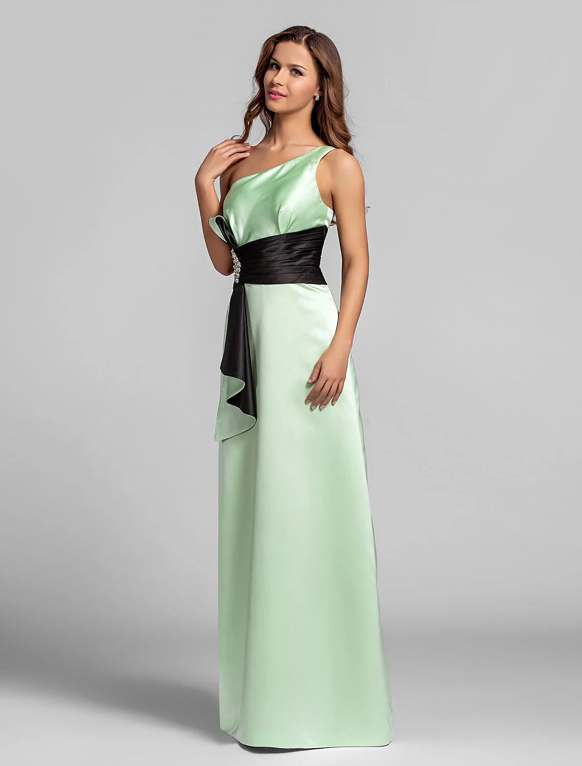 A-Line Elegent One Shoulder Floor Length Satin Bridesmaid Dress with Crystal Brooch