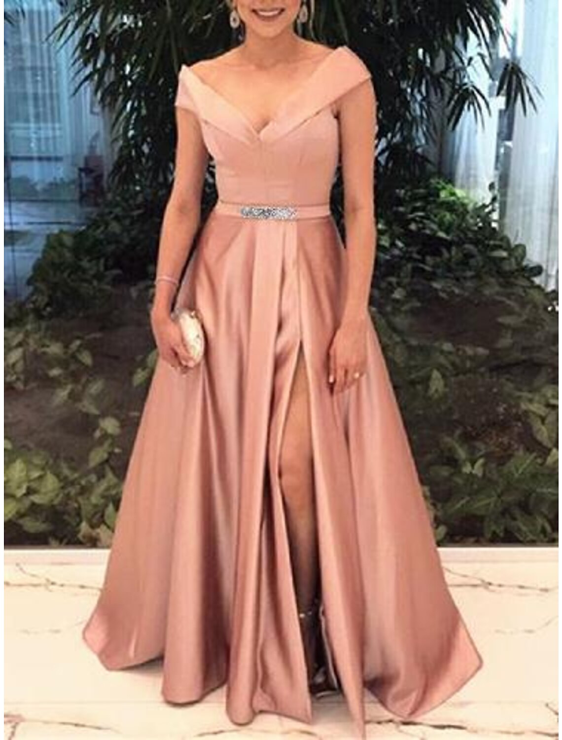 A-Line Evening Gown Elegant Dress Valentine's Day Prom Sweep / Brush Train Short Sleeve Off Shoulder Satin with Slit Front