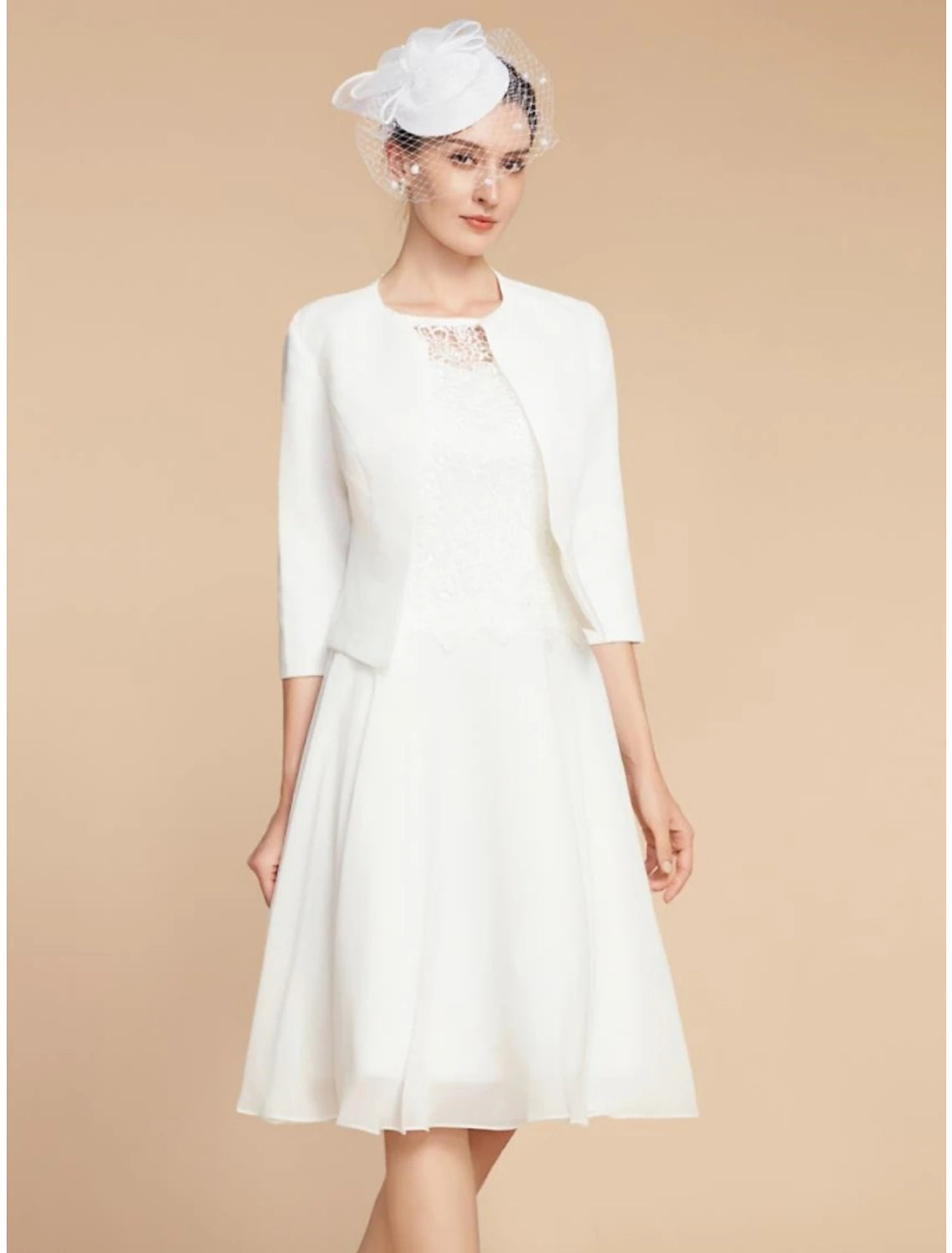 Two Piece A-Line Mother of the Bride Dress Wedding Guest Elegant Petite Jewel Neck Knee Length Chiffon Lace 3/4 Length Sleeve with Pleats Solid Colo