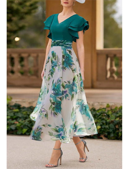 A-Line Mother of the Bride Dress V Neck Wedding Guest Ankle Length Chiffon with Sash / Ribbon Ruched Cascading Ruffles