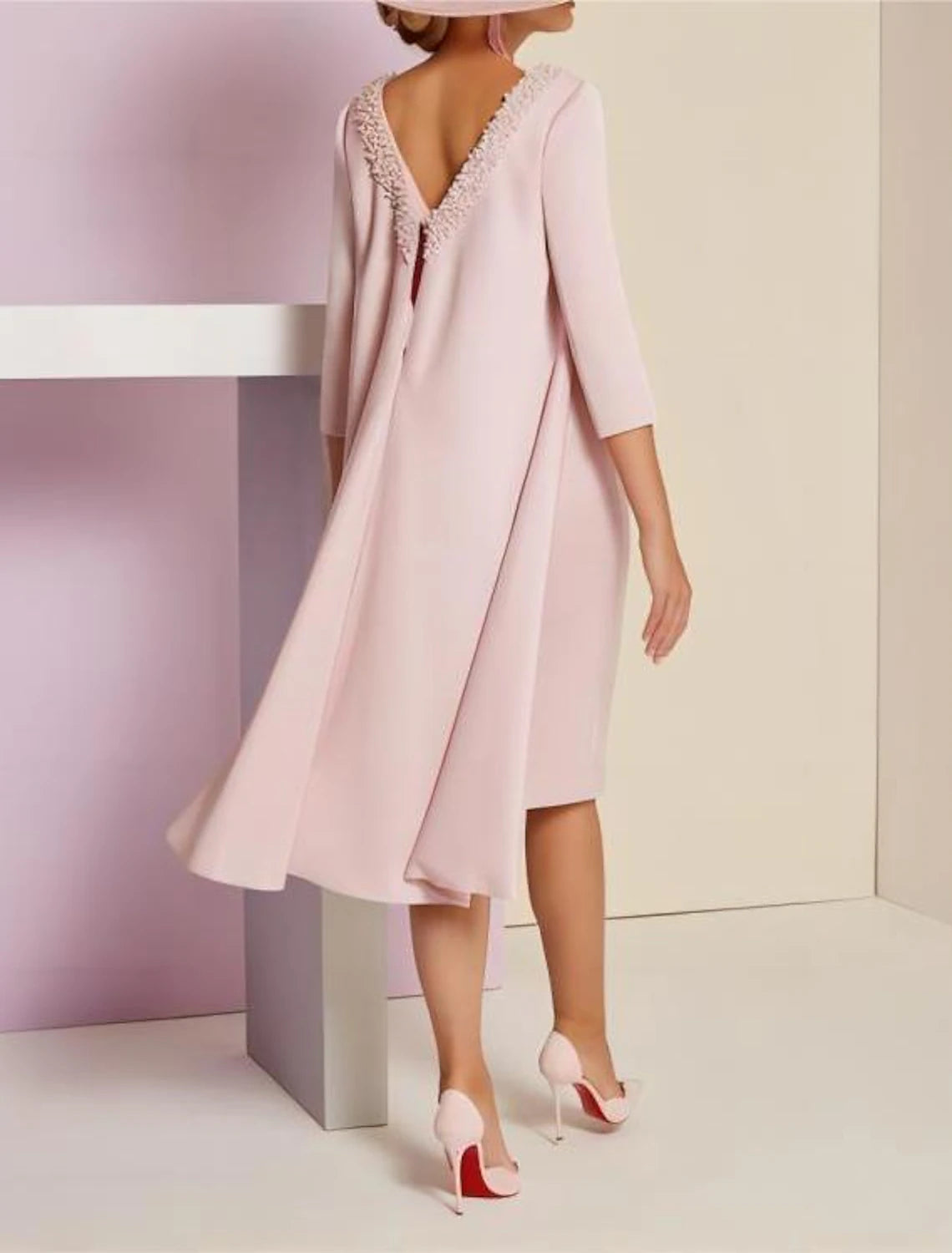 Two Pieces Jewel Neck Knee Length Formal Wedding Guest Dress Sequined Satin 3/4 Length Sleeve Mother of the Bride Dress with Crystals Beading